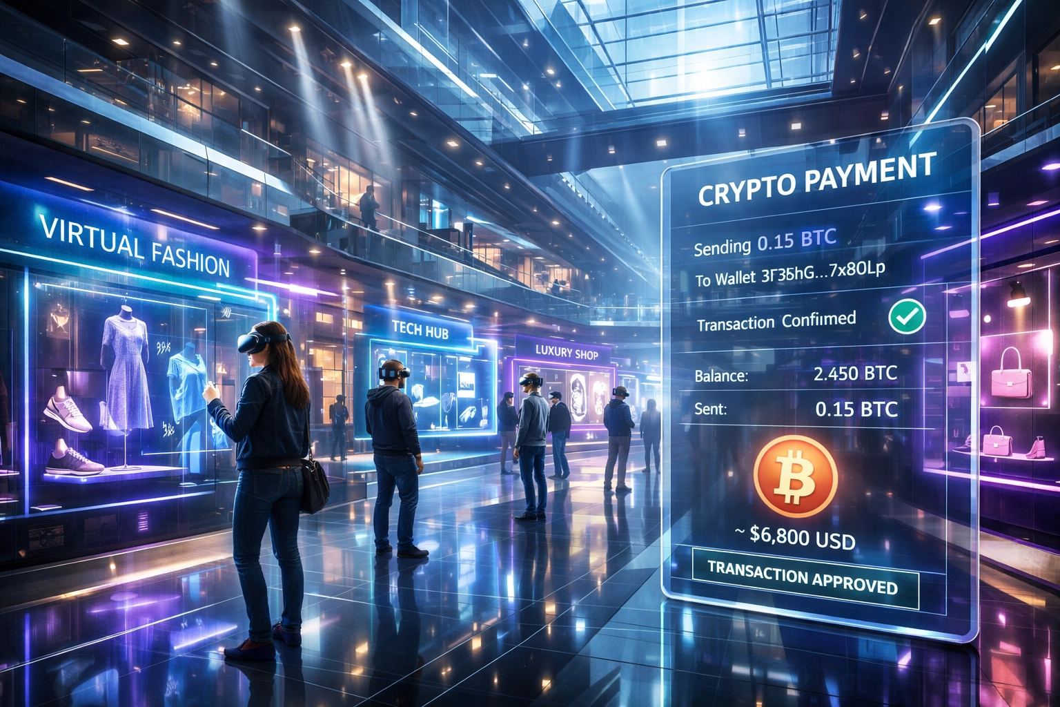 Futuristic virtual shopping mall in Larecoin metaverse with VR shoppers and cryptocurrency payment interfaces