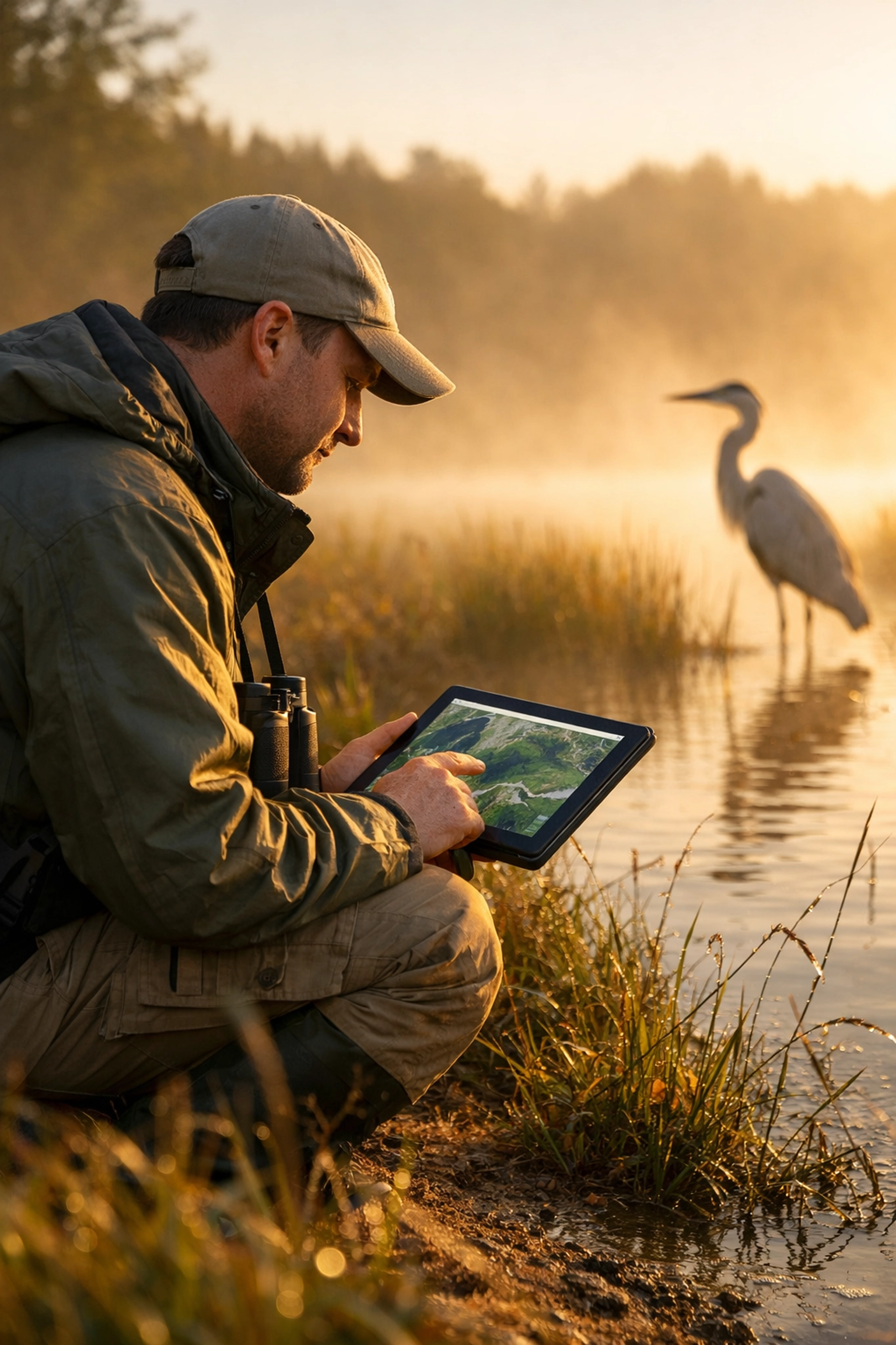 Conservation scientist monitoring wetland habitat with tablet as heron feeds in background