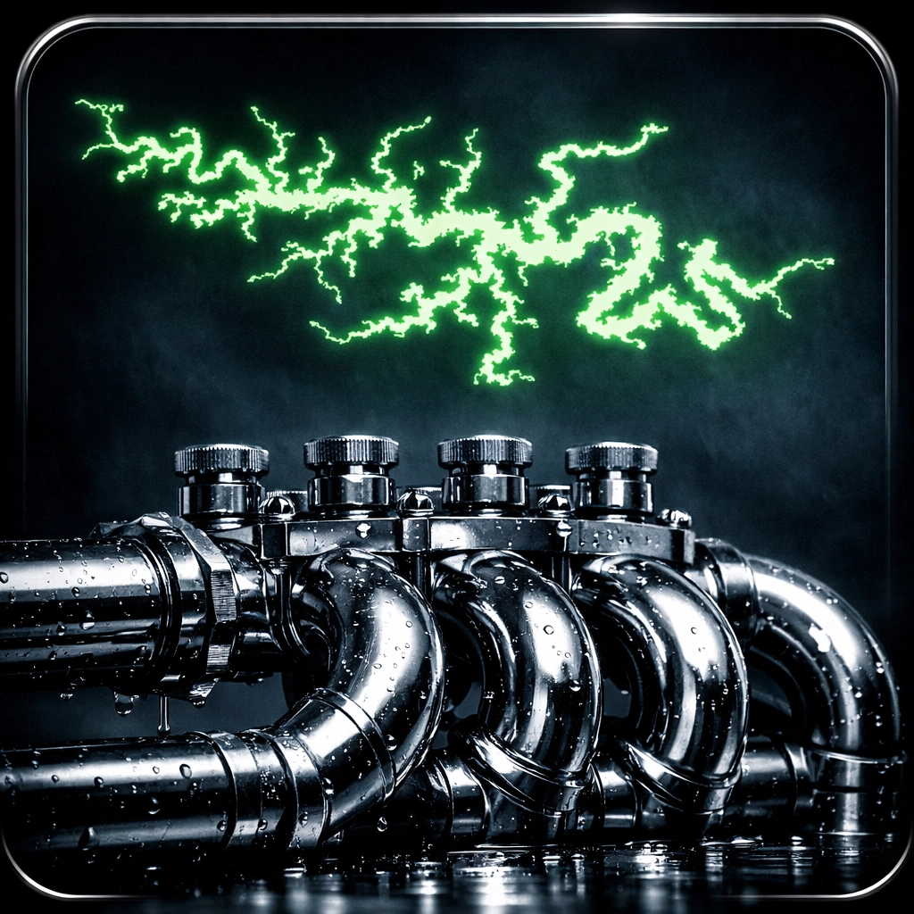 Professional plumbing manifold over a neon map of Lake of the Ozarks for Miller County directory listings.