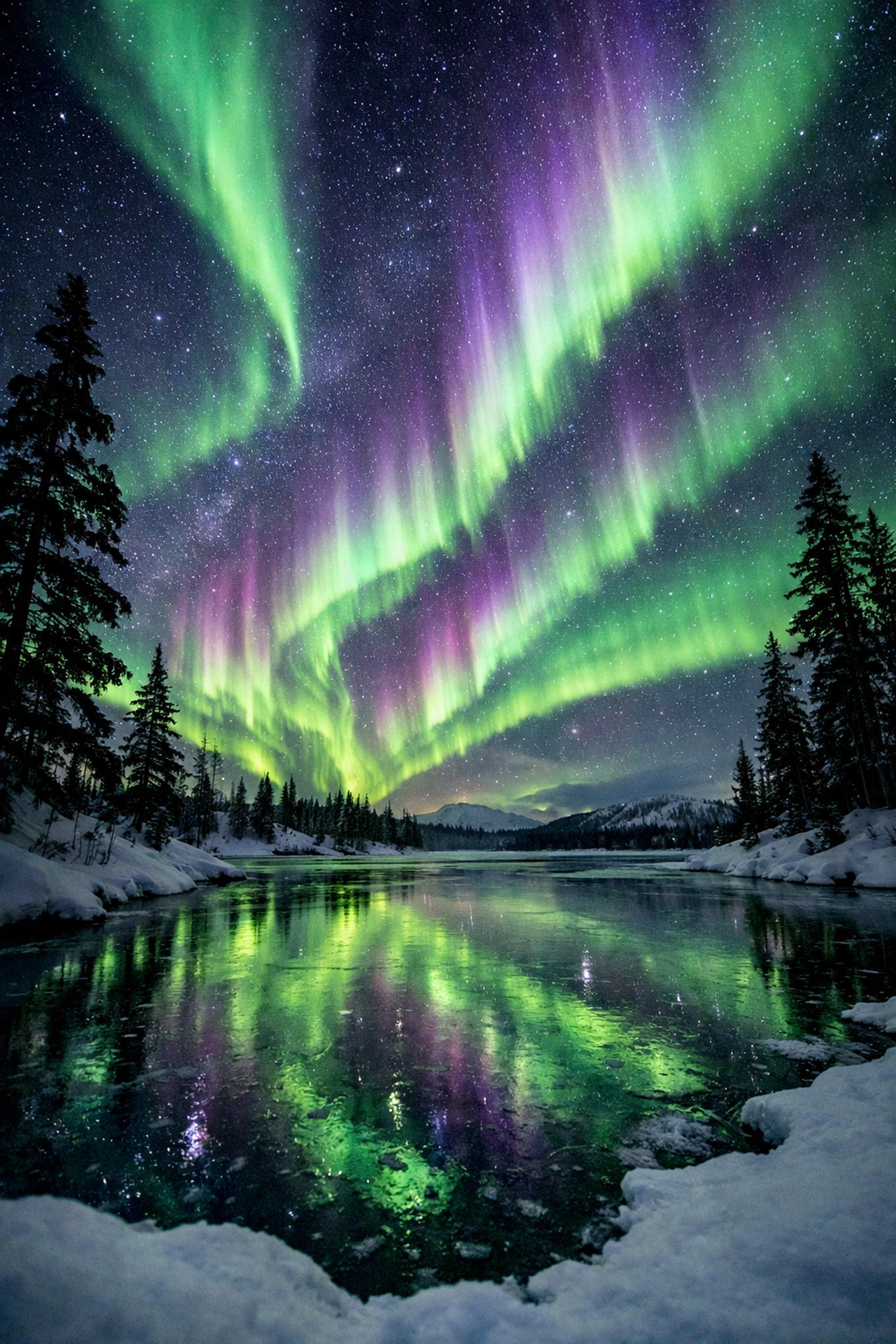 The Photographer's Guide to Northern Lights Locations in 2026 1 Northern lights reflecting over frozen Lake Torneträsk in Abisko, Sweden with pine forest silhouette