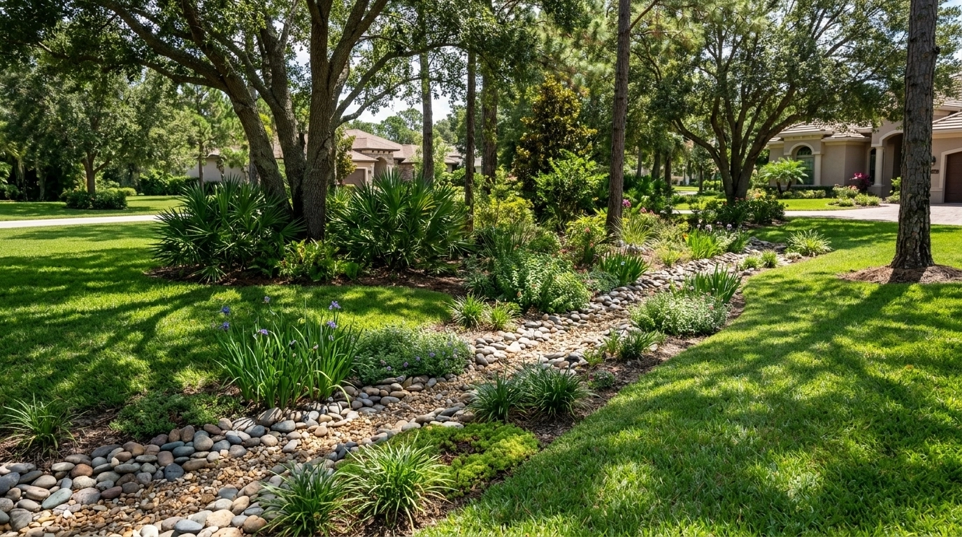A professionally designed dry creek bed for drainage