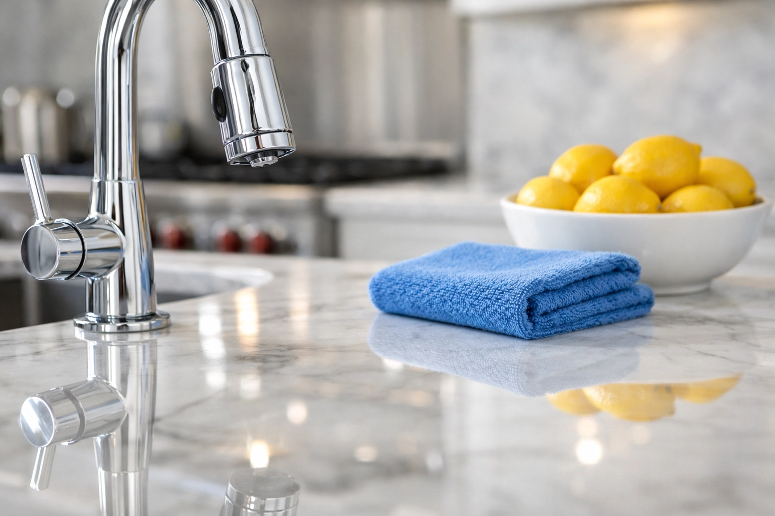 Impeccable white marble kitchen countertop cleaned by Andover luxury cleaning experts for a fresh start.