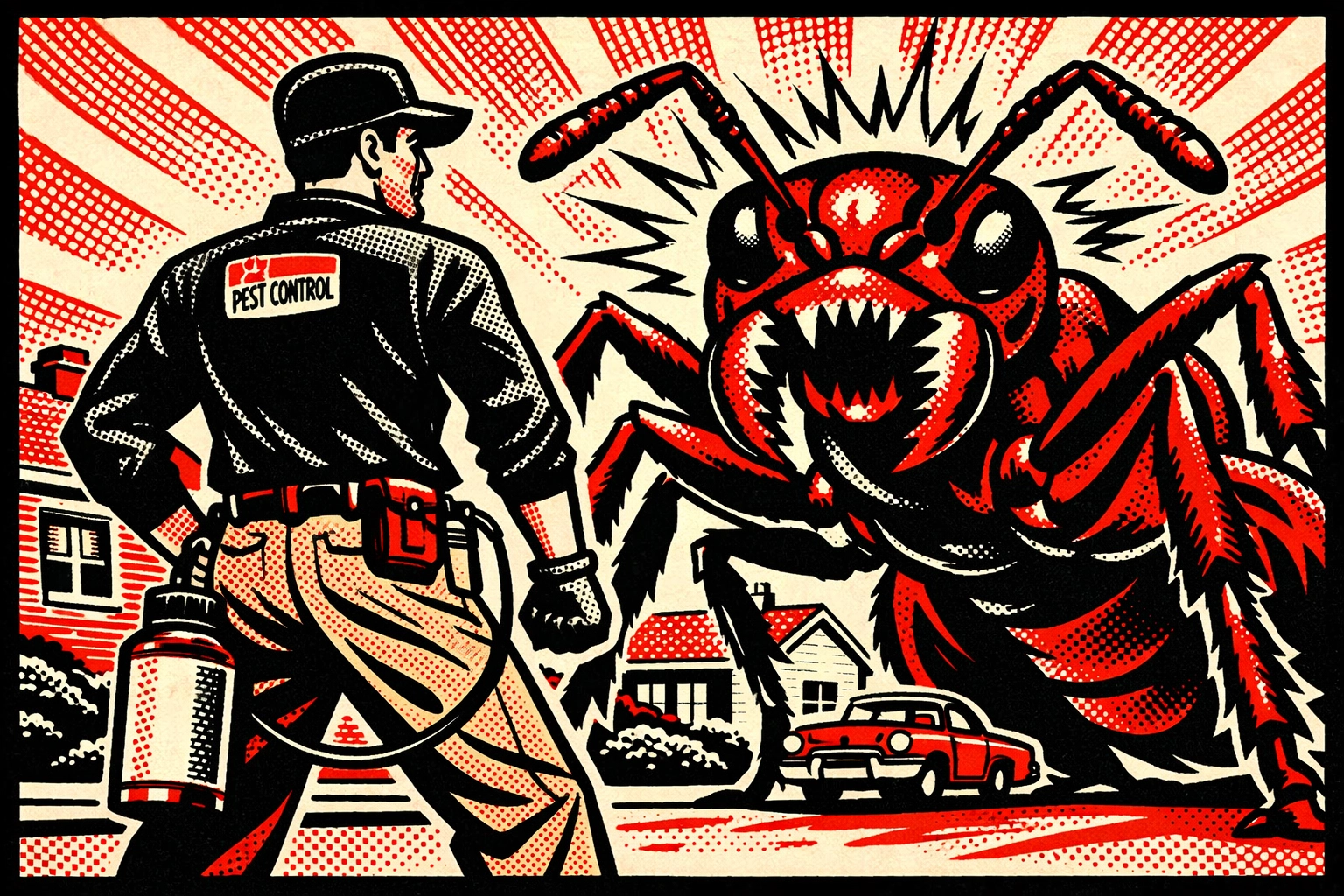 Heroic technician stopping a giant ant, providing the best pest control in Birmingham AL homes.