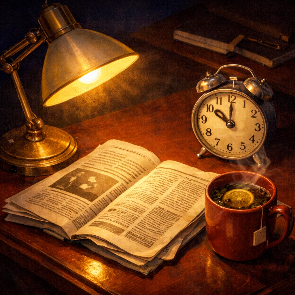 Peaceful 10 PM bedside table with newspaper, tea, and clock for calm evening news reading