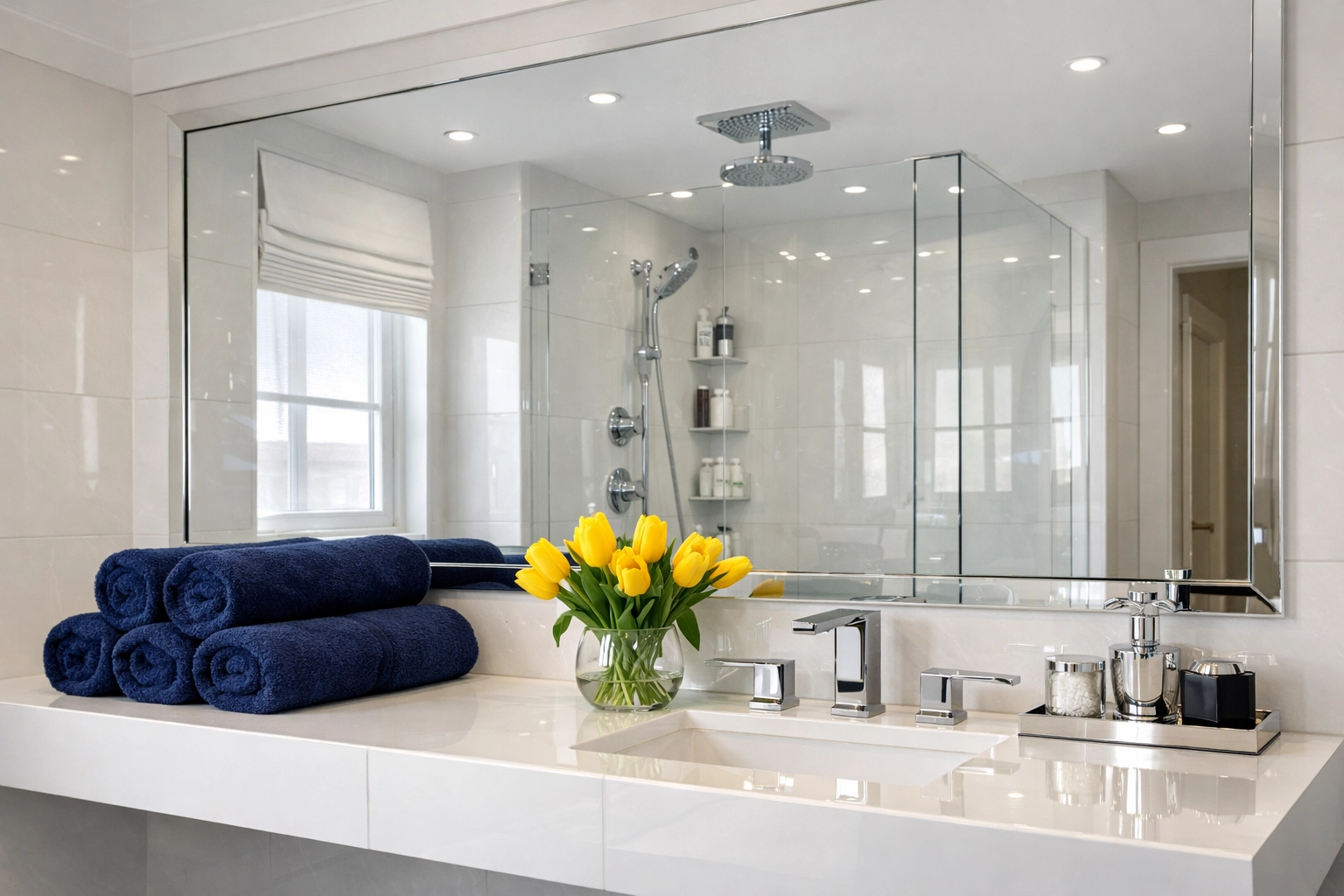 Spotless luxury master bathroom cleaned by professional residential cleaning services in Leominster MA.