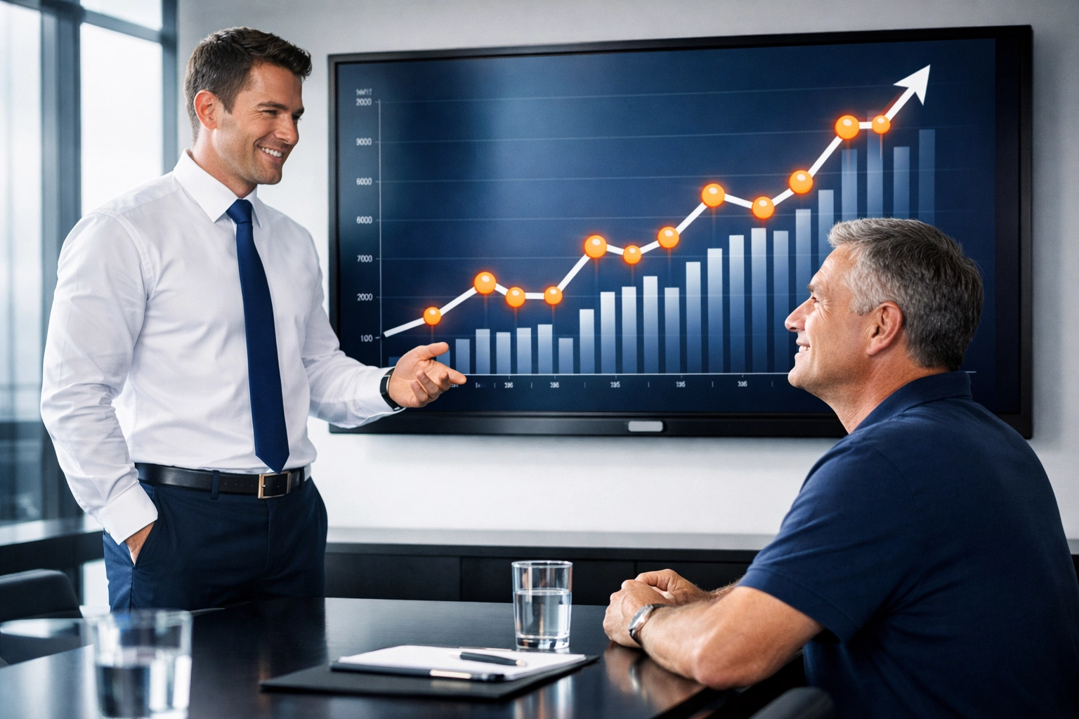 HVAC business owner reviewing a financial growth chart with an advisor to increase company value.