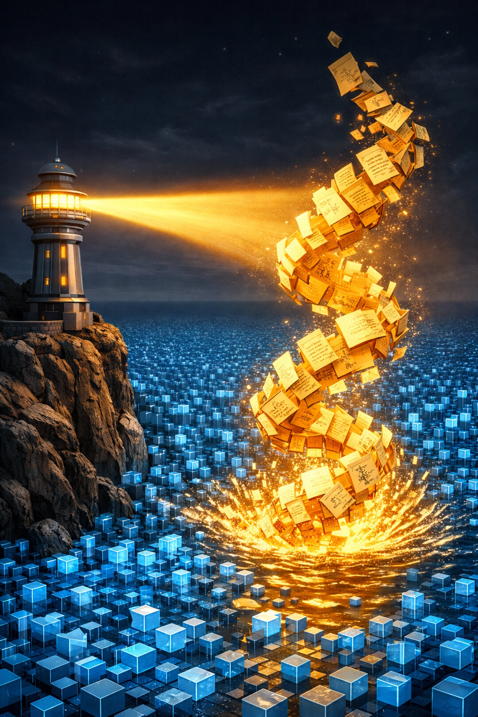 Lighthouse beam transforming generic digital data into unique handwritten college application essays.