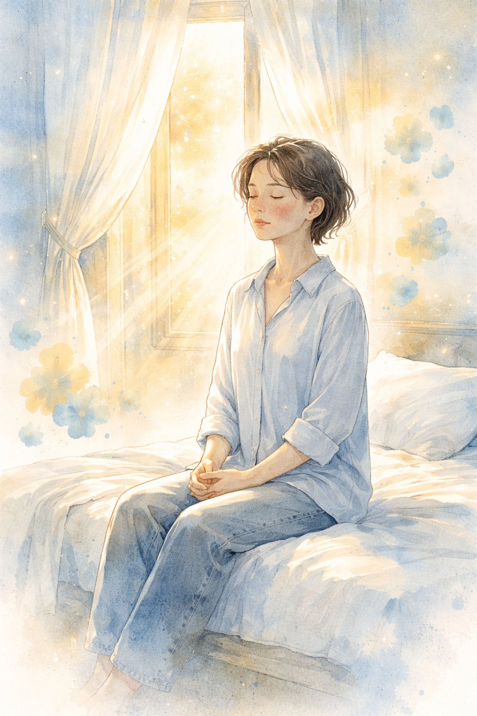 A peaceful watercolor scene of a person practicing morning breathing in bed, sunlight streaming in, symbolizing faith and anxiety relief.