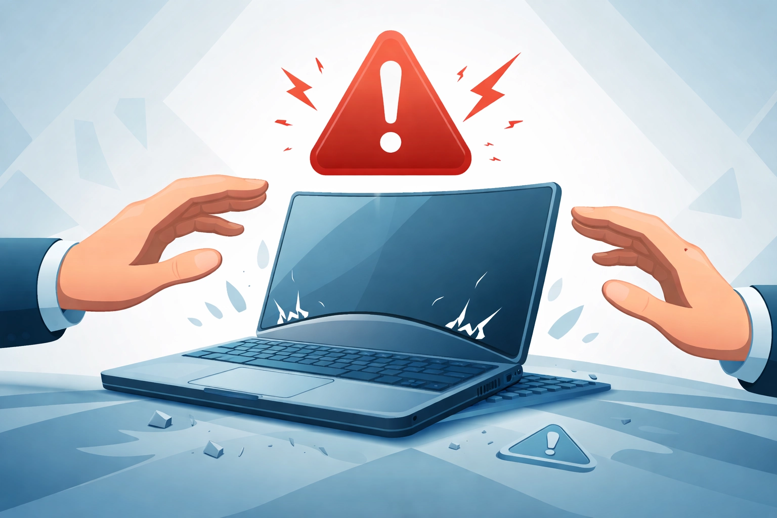 Hands hovering over a bulging laptop with a warning symbol, highlighting dangers of swollen laptop batteries and safe computer repair.