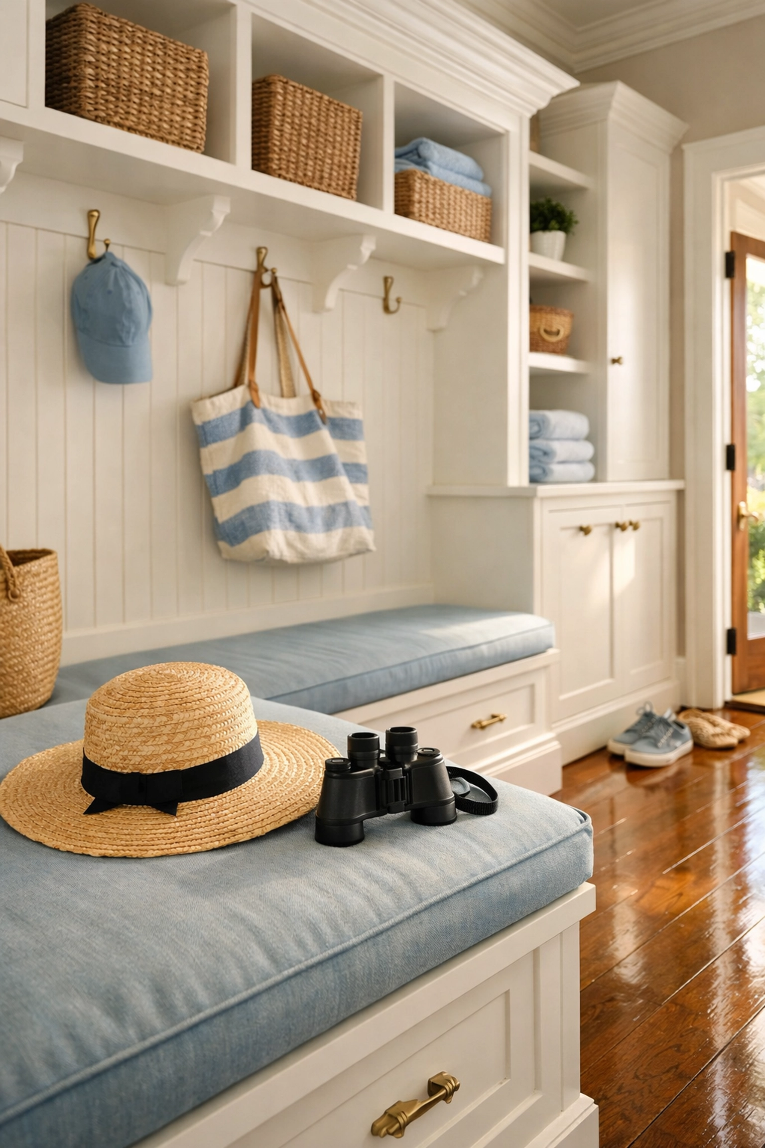Clean luxury mudroom in Duxbury with polished floors following a professional residential cleaning.