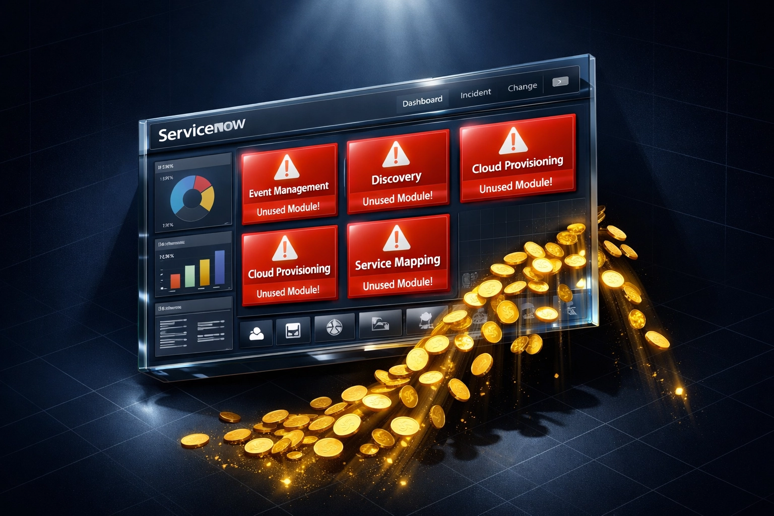 ServiceNow ITOM dashboard showing unused modules draining budget and wasted license spending