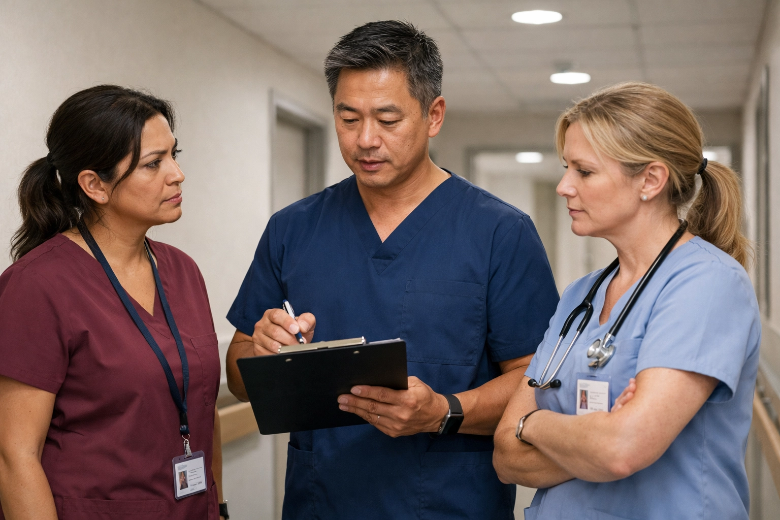 Diverse nursing leadership team collaborating in a hallway huddle at a care facility
