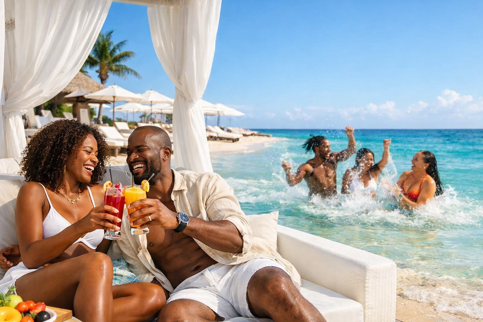 Couples enjoying a balanced group trip itinerary at a luxury beach club with relaxation and water activities.