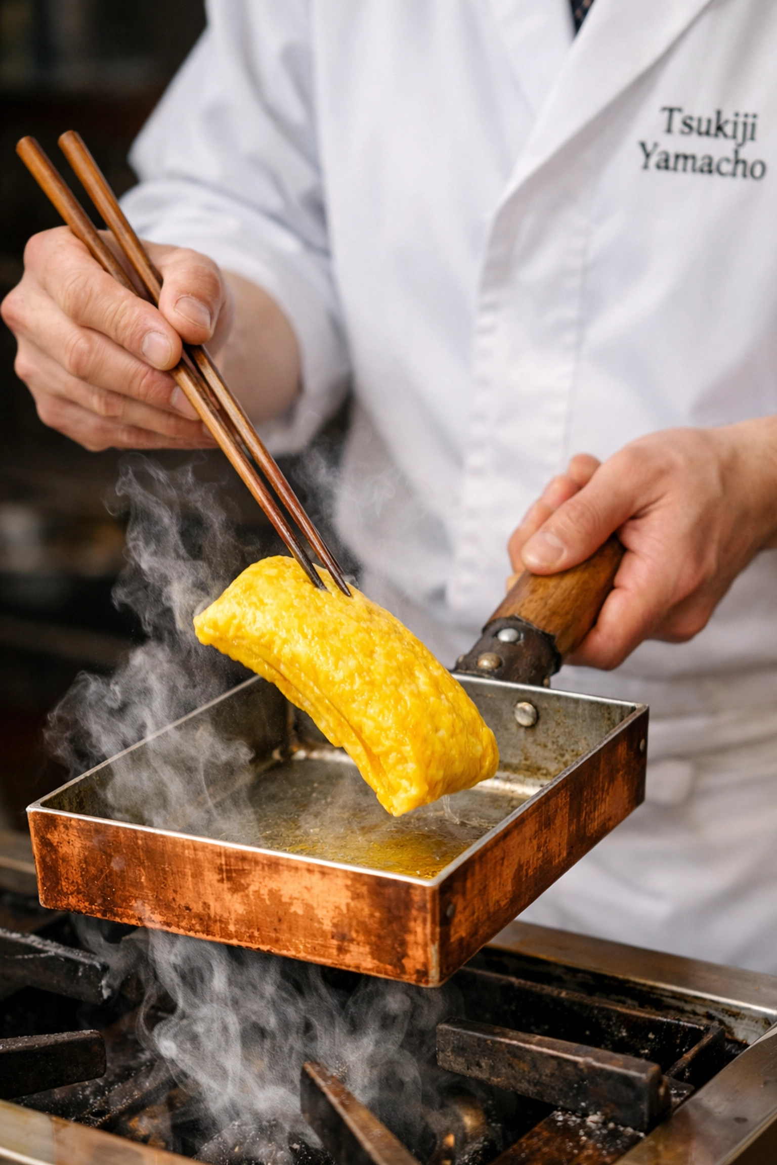 Chef preparing tamagoyaki rolled omelets at Tsukiji Yamacho, capturing the vibrant culinary scene in Tokyo.