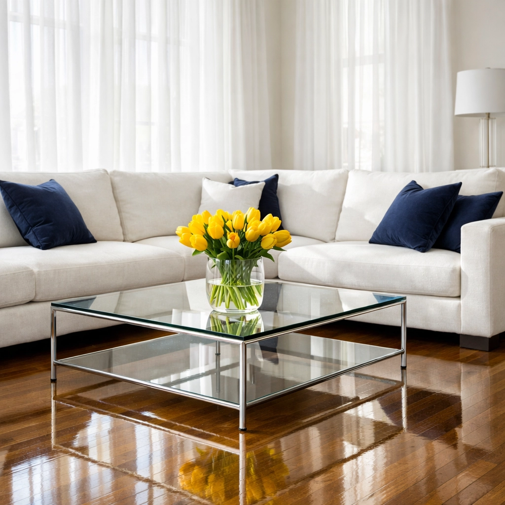 Spotless luxury living room with polished hardwood floors from weekly house cleaning Templeton MA services.