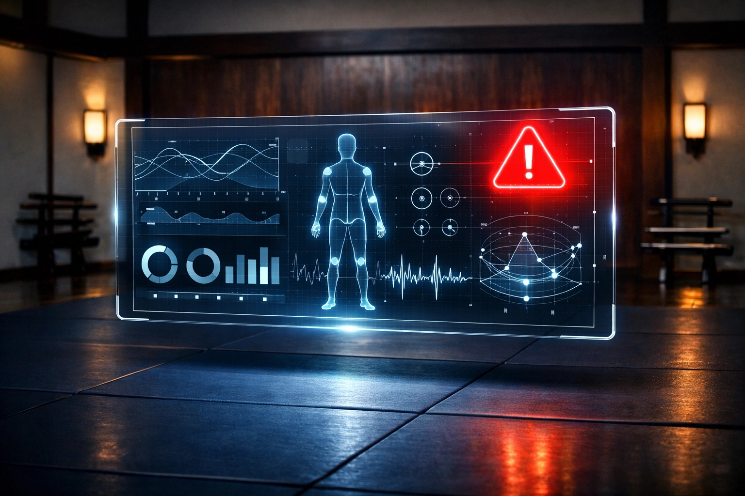 DojoTrack's AI-powered dashboard in a modern studio identifying at-risk martial arts students for better retention.