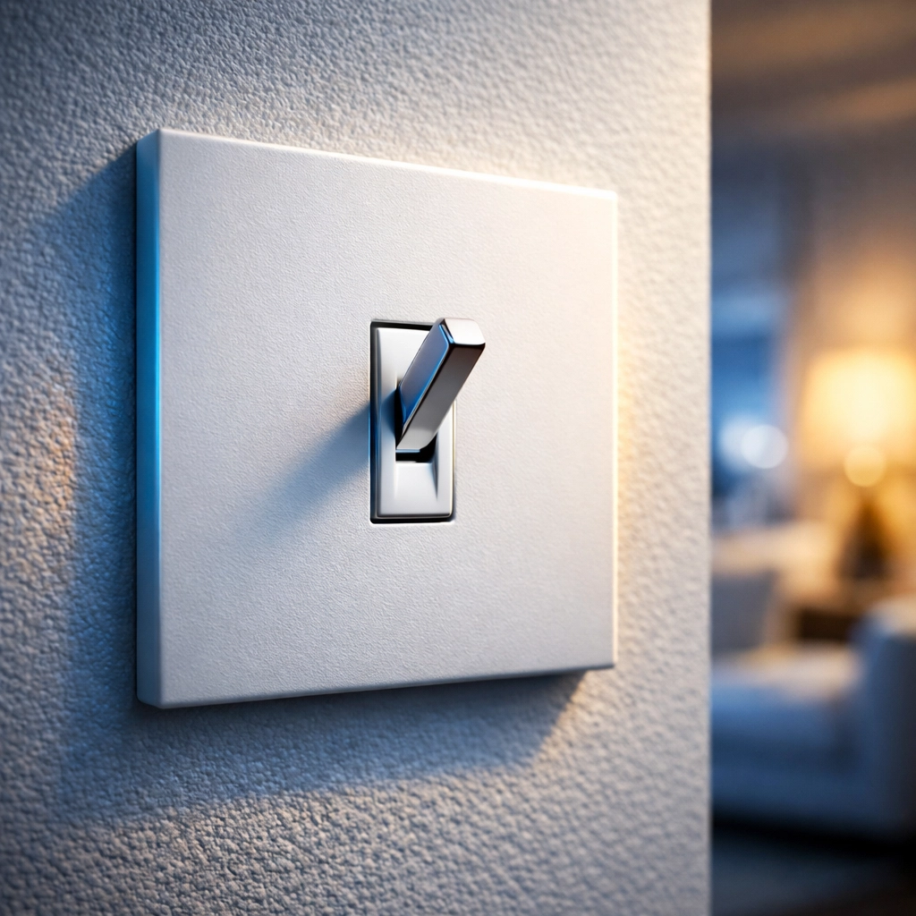 Close-up of a modern light switch, a high-touch germ hotspot that requires regular sanitizing.