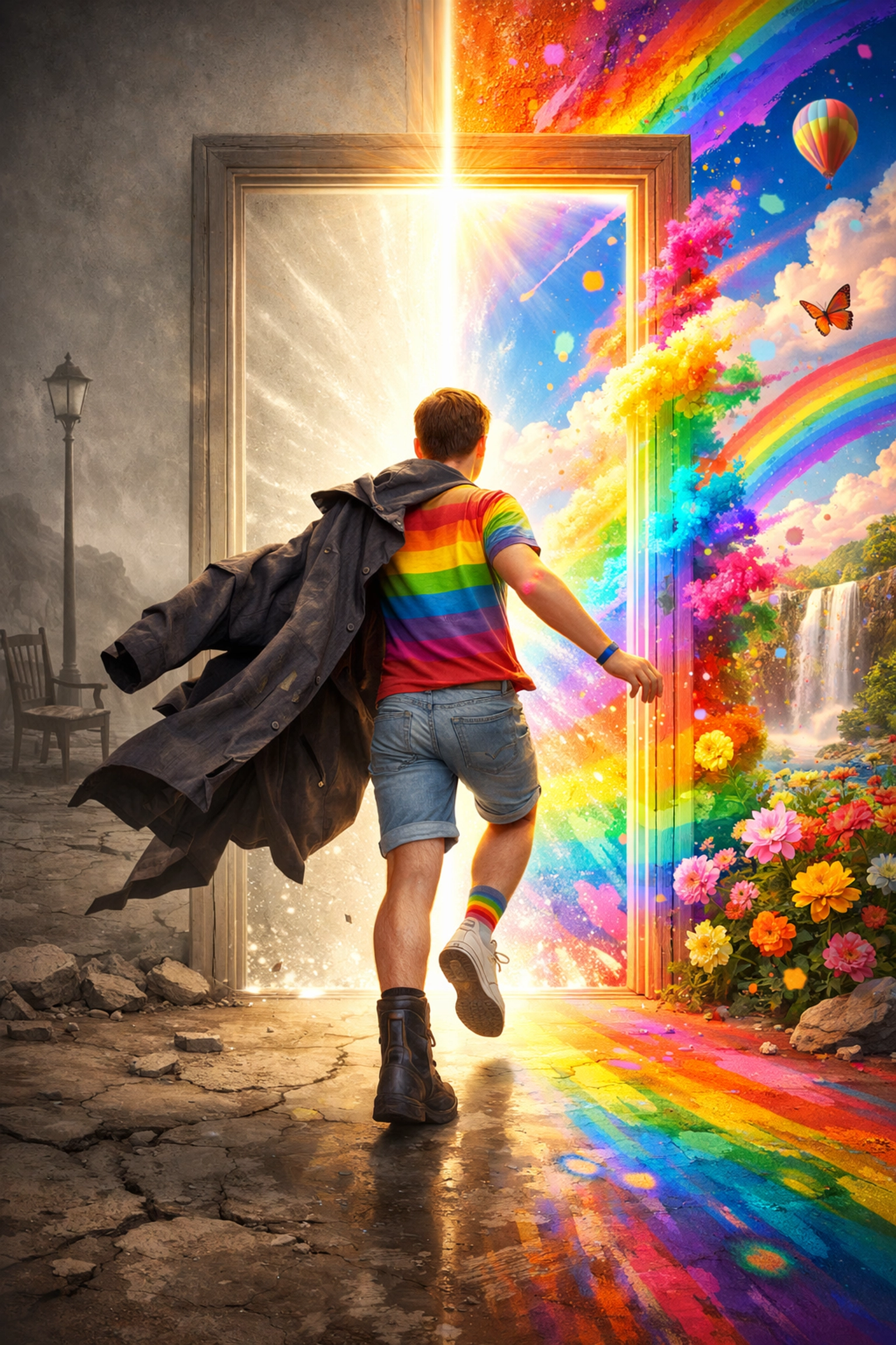 A person stepping from a gray world into bright colors, representing a trans person's journey to freedom.