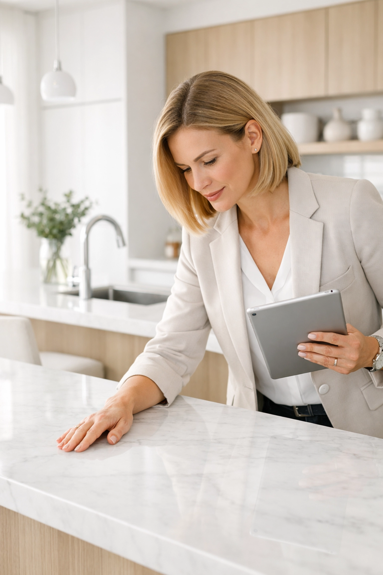 Property manager using a digital checklist for apartment make-ready cleaning in a modern kitchen.