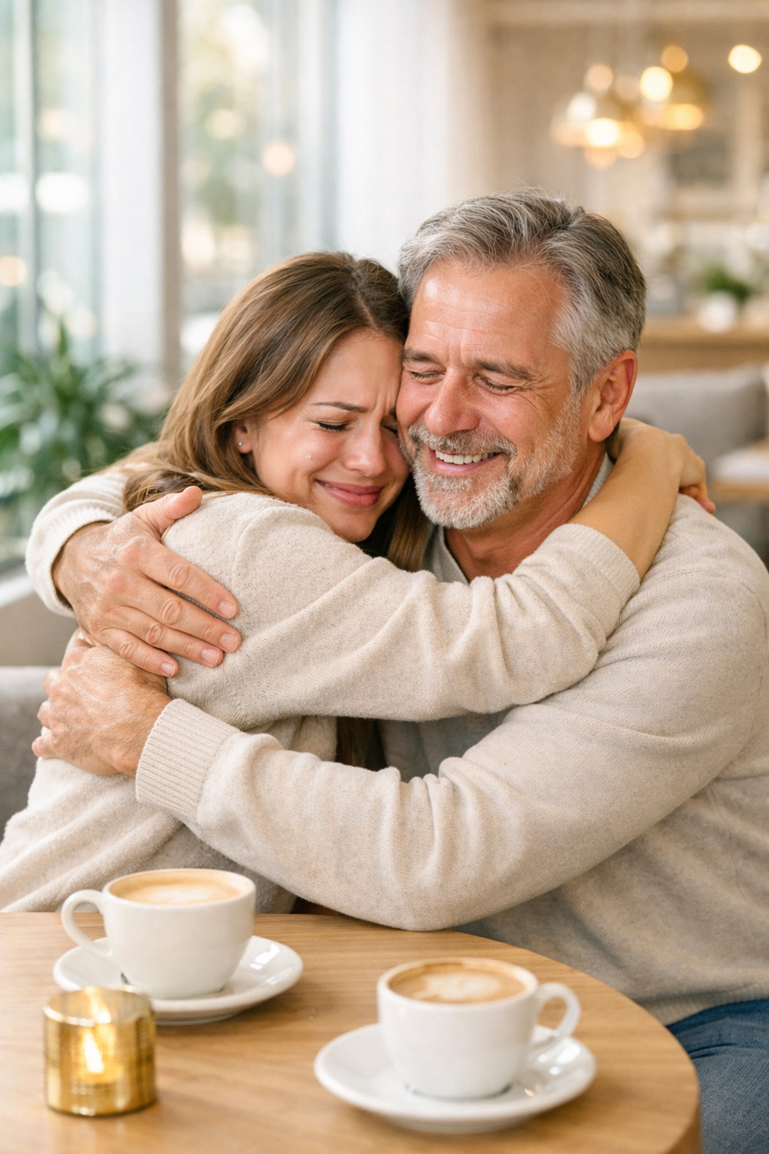 Father and daughter reconciling before death in emotional embrace