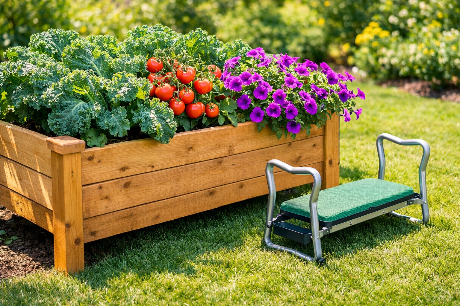 Accessible waist-high raised garden bed with a padded kneeler for safe, ergonomic gardening.