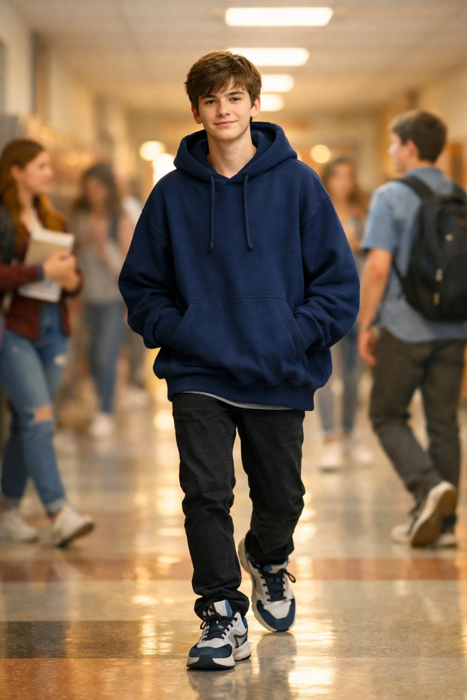 A relaxed teen boy wearing a stylish navy weighted hoodie for focus and confidence in a school hallway.