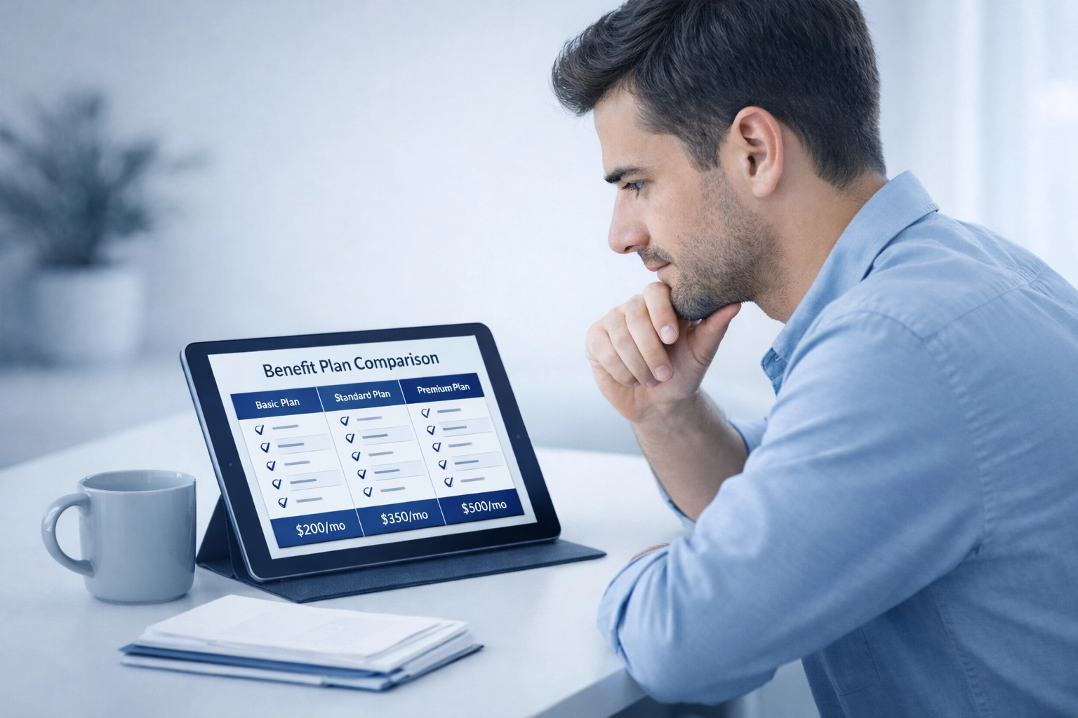 Employee reviewing benefits comparison charts on tablet to make informed enrollment decisions