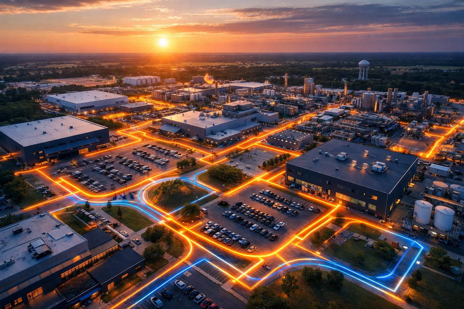 Aerial thermal imaging of industrial facility campus showing underground utility heat signatures