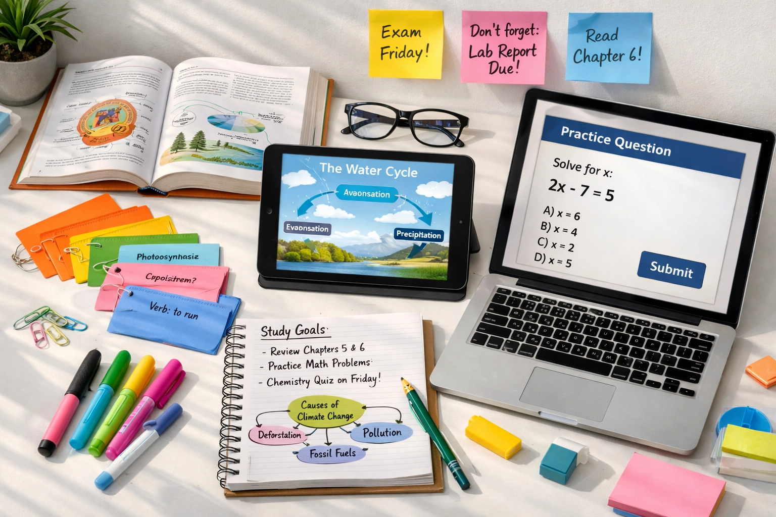 Multiple CLEP study guide resources including flashcards, textbooks, and digital tools on organized desk