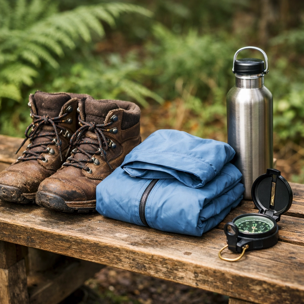Essential hiking equipment and boots laid out for a professional guided hiking tour in the UK.