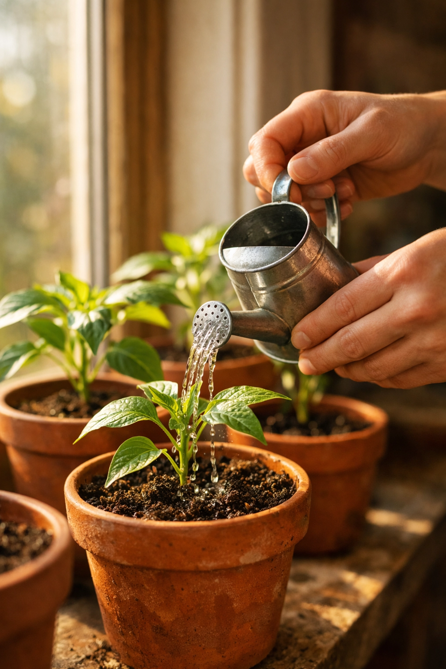 Watering young ghost pepper seedlings in terracotta pots on windowsill