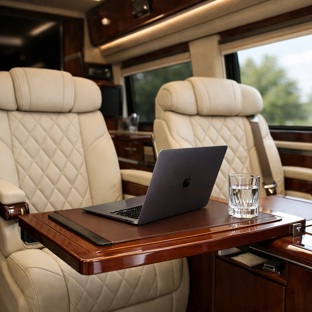 Luxury Sprinter Van interior featuring a mobile boardroom with premium leather seating for executives.