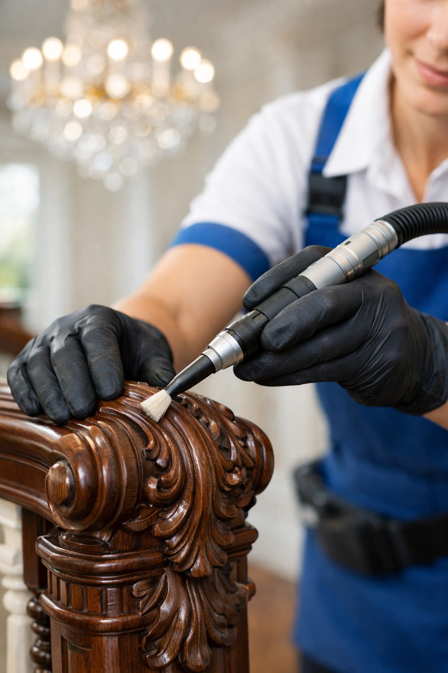 Expert cleaner micro-detailing a luxury home banister for high-end residential cleaning Massachusetts.