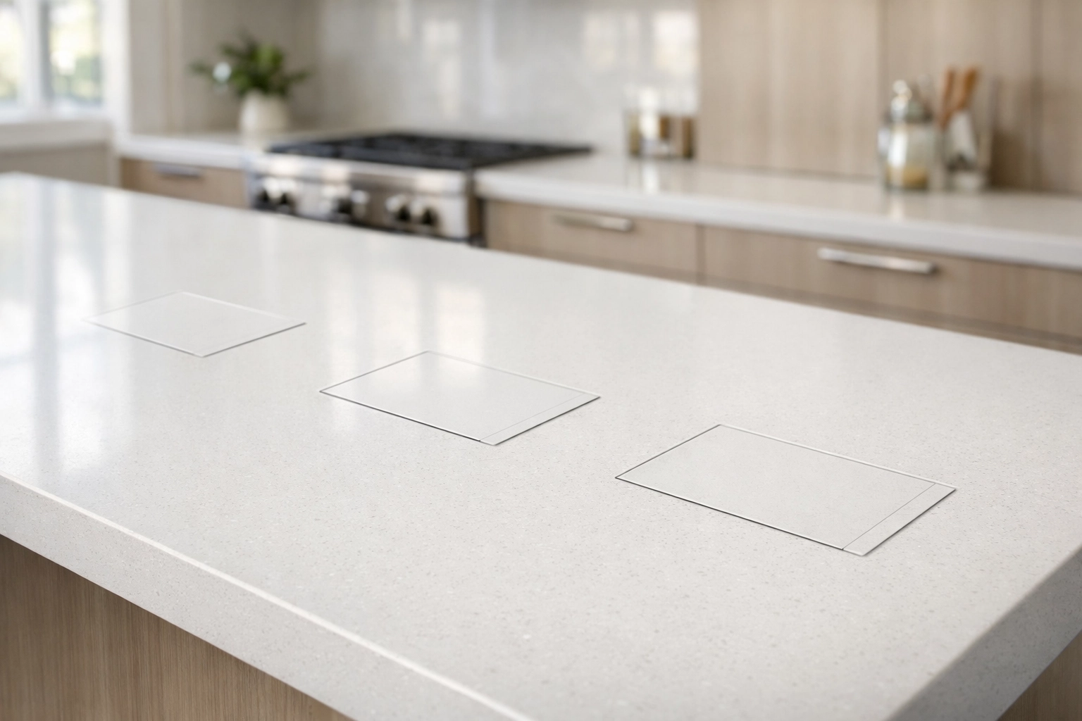 Pop-up electrical outlets integrated into modern kitchen island countertop