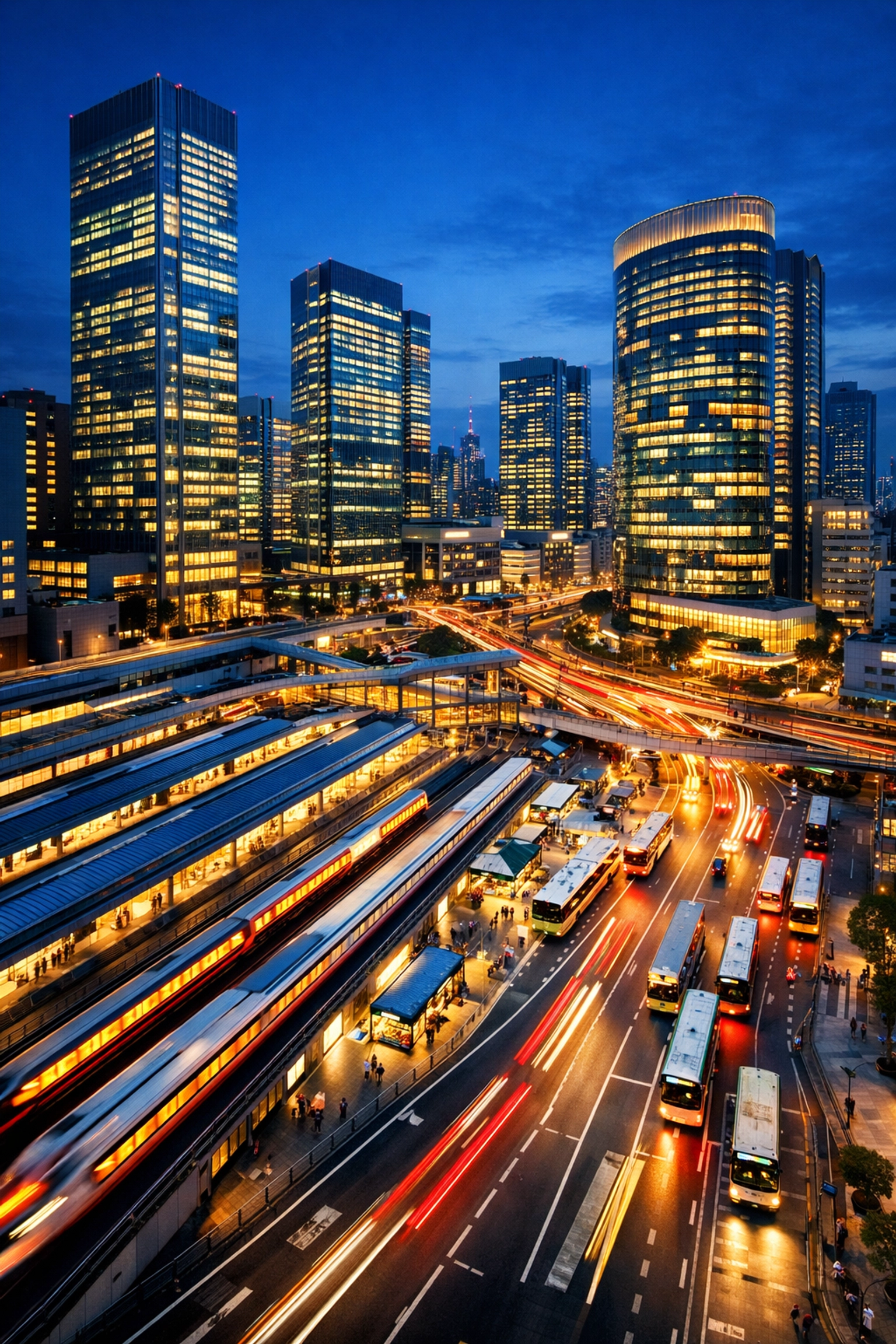 Modern city skyscrapers and transportation light trails illustrating integrated advertising across multiple sectors.