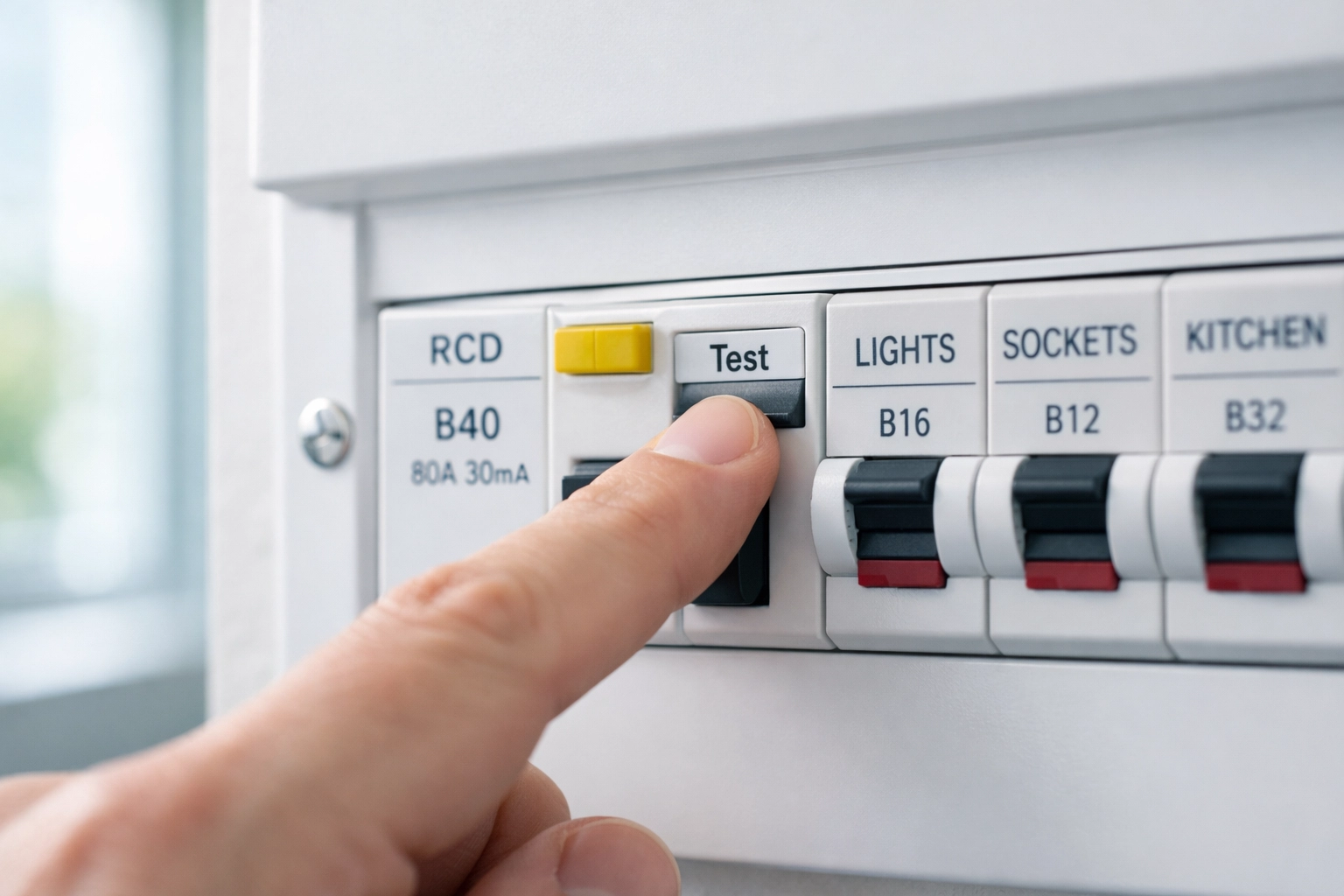 A hand testing an RCD switch on a new 18th edition consumer unit to ensure landlord EICR compliance.