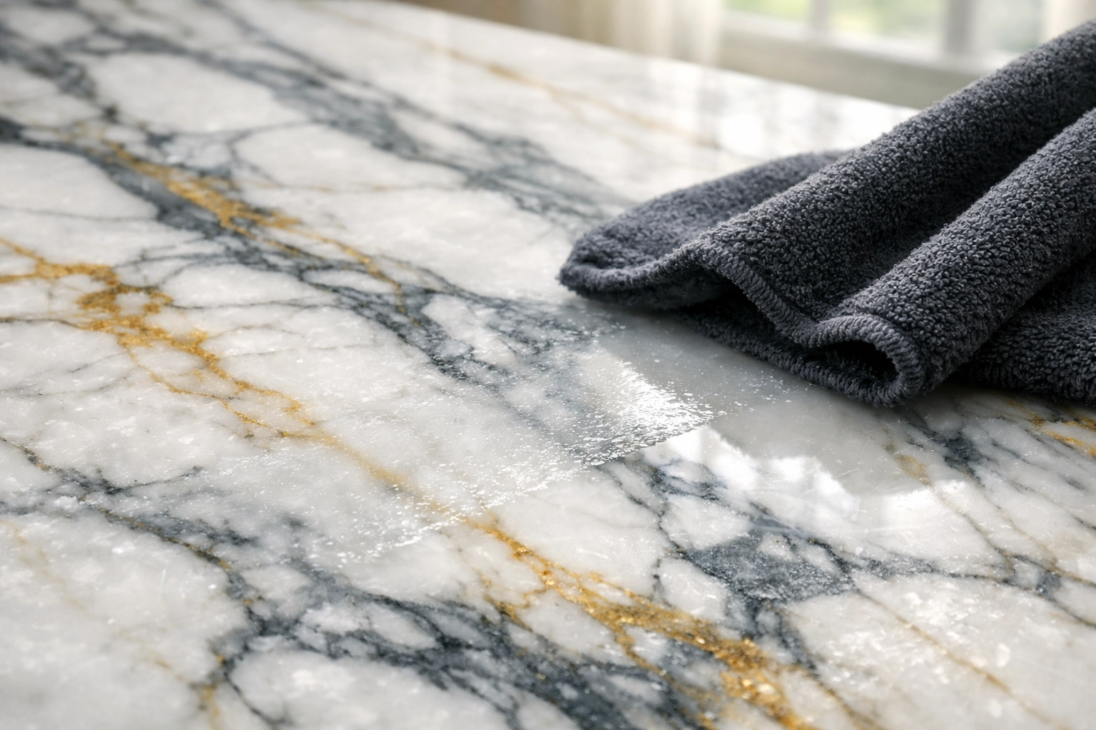 Cleaning a Calacatta marble countertop in a Wellesley home with eco-friendly botanical mist.