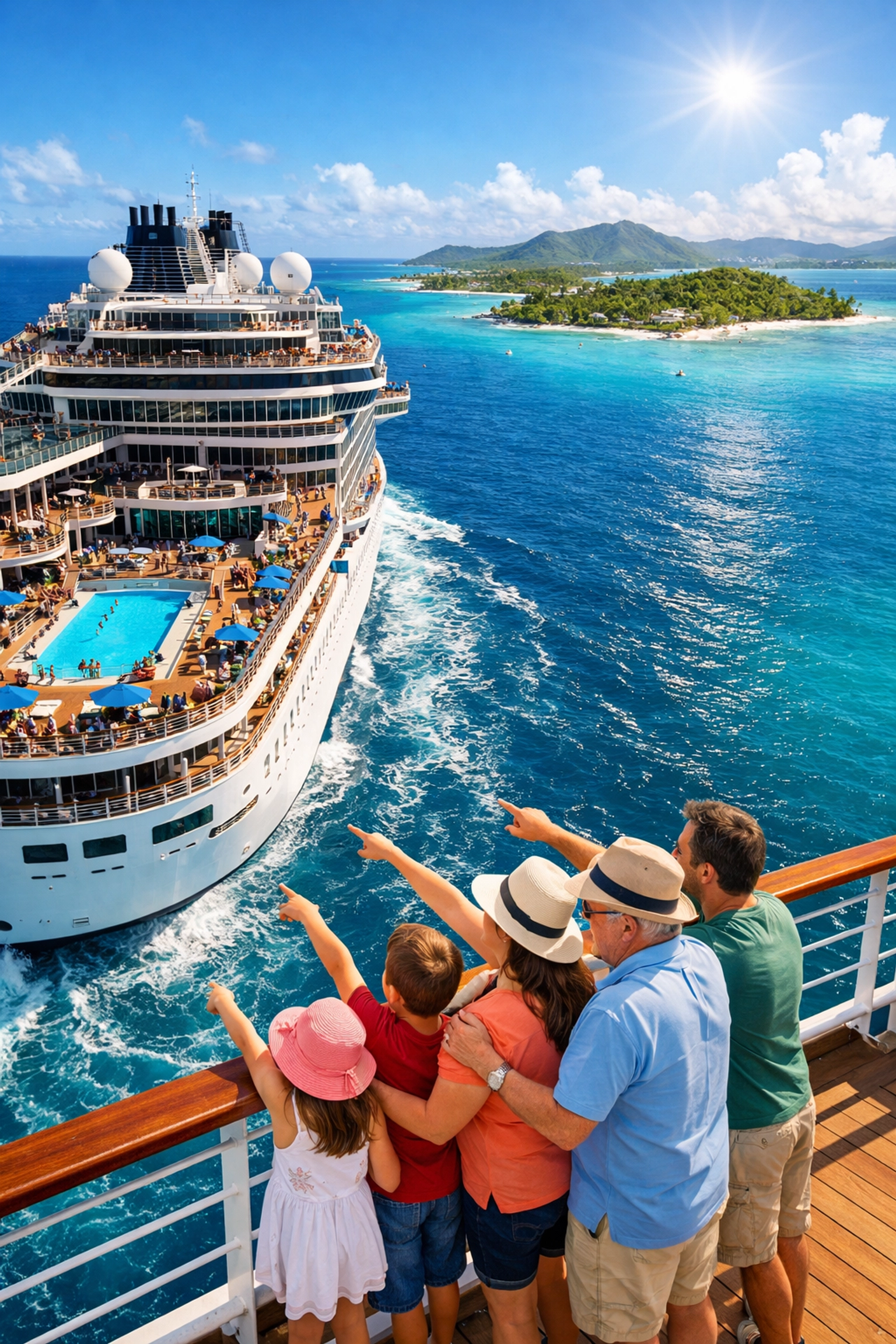 A multi-generational family enjoying a 2026 reunion cruise on a majestic ship in the Caribbean.