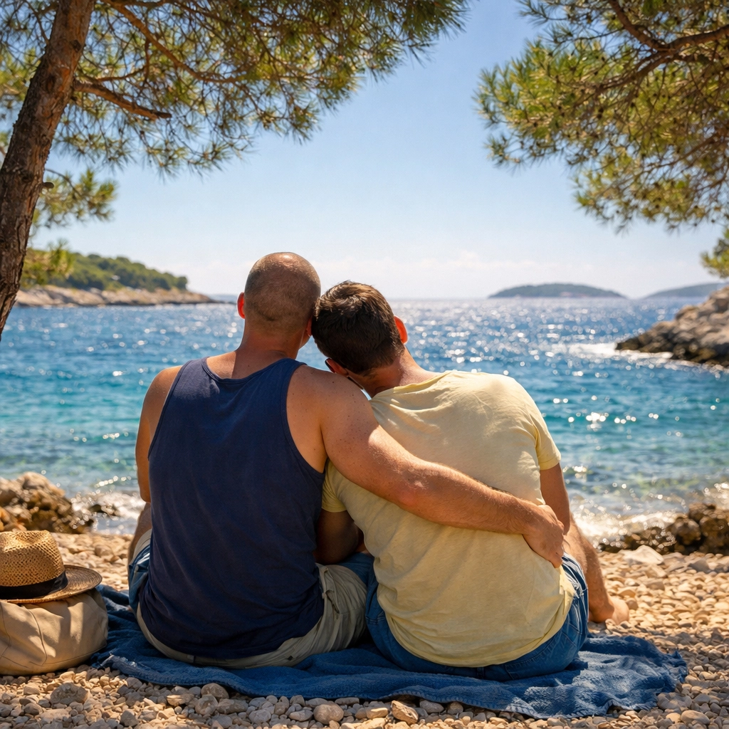 Gay couple relaxing on Jerolim Island naturist beach in Croatia
