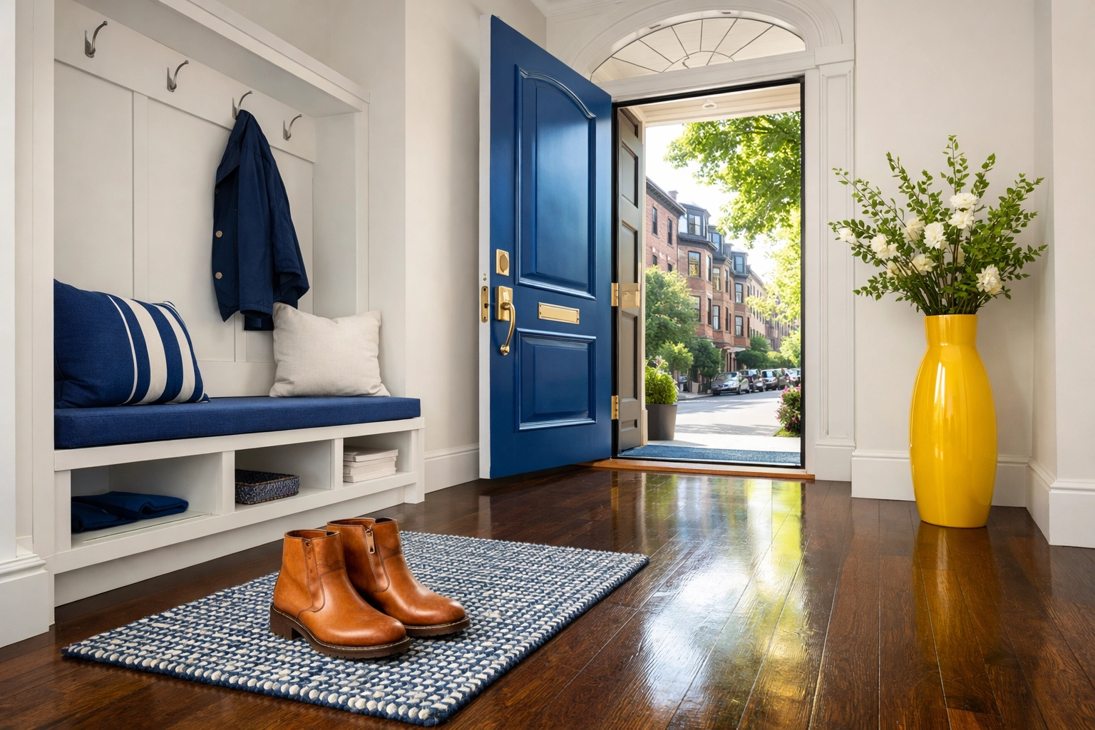 Clean entryway of a Boston brownstone with polished floors, a vital step for effective apartment cleaning Boston.