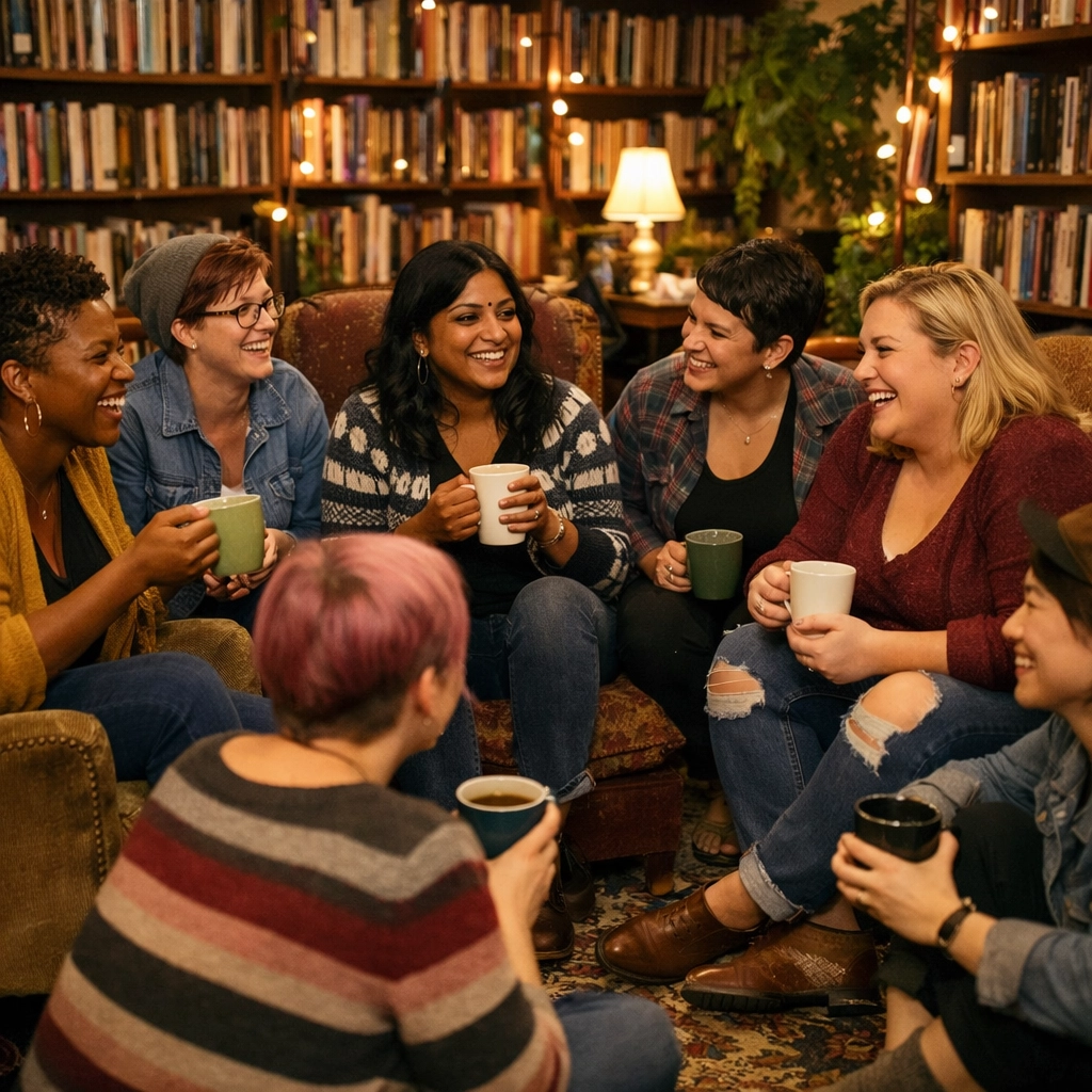 Diverse group of queer women and lesbians sharing stories in a cozy LGBTQ+ community bookstore.