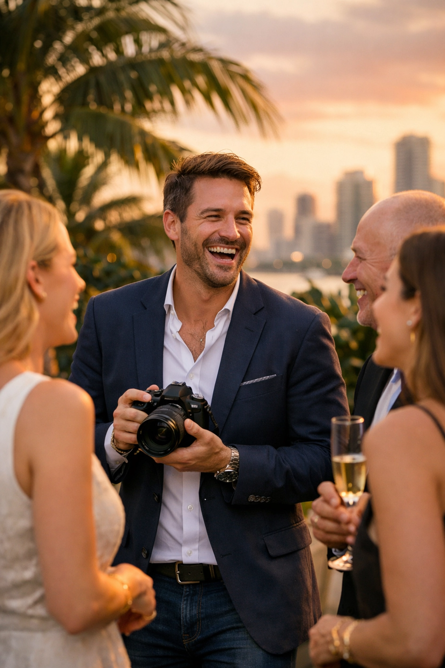 Professional Miami event photographer capturing candid moments and guest connections at a sunset cocktail party.
