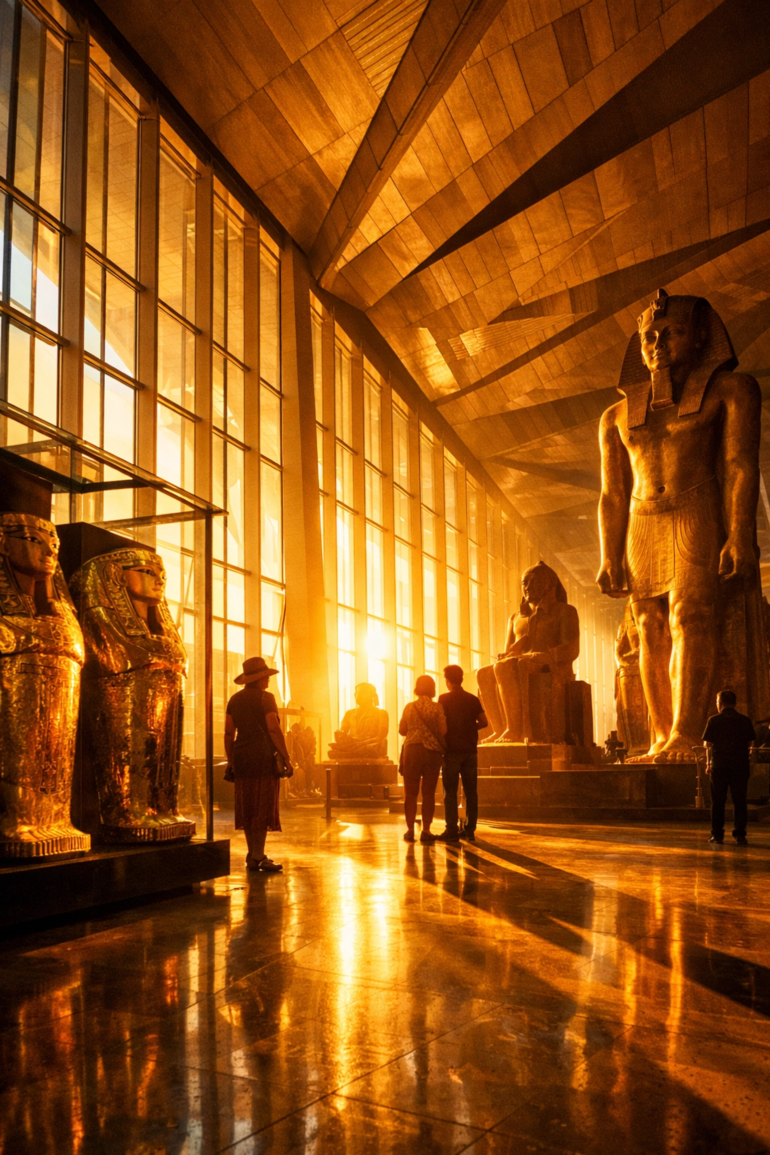 Grand Egyptian Museum interior showcasing ancient artifacts and King Tut's collection in Cairo