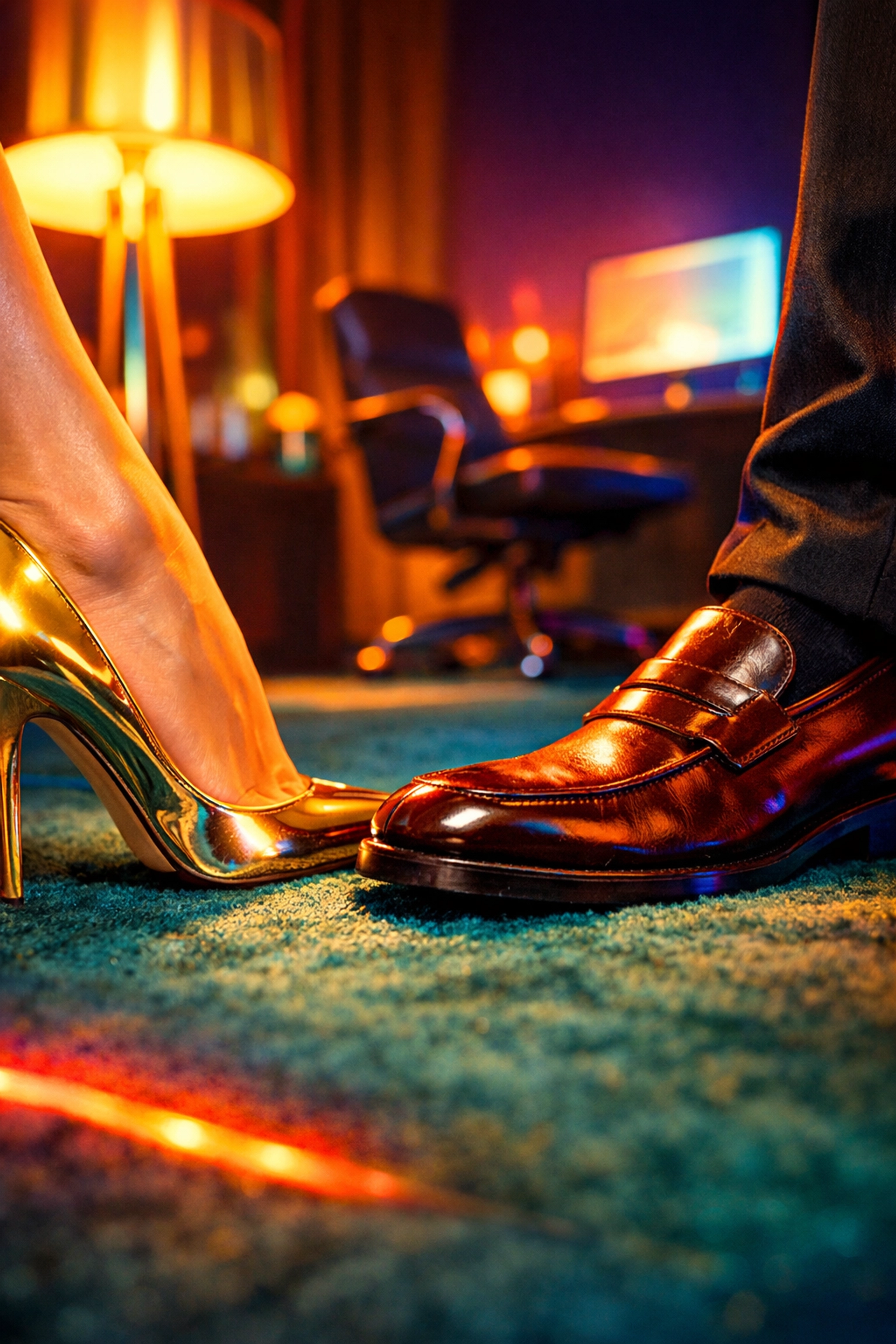 Stylish professional shoes close together in a dark office, depicting a secret workplace hookup.
