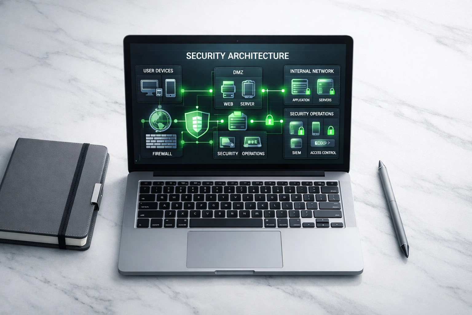 Laptop showing a customized security architecture diagram for CMMC compliance and IT support Santa Barbara.