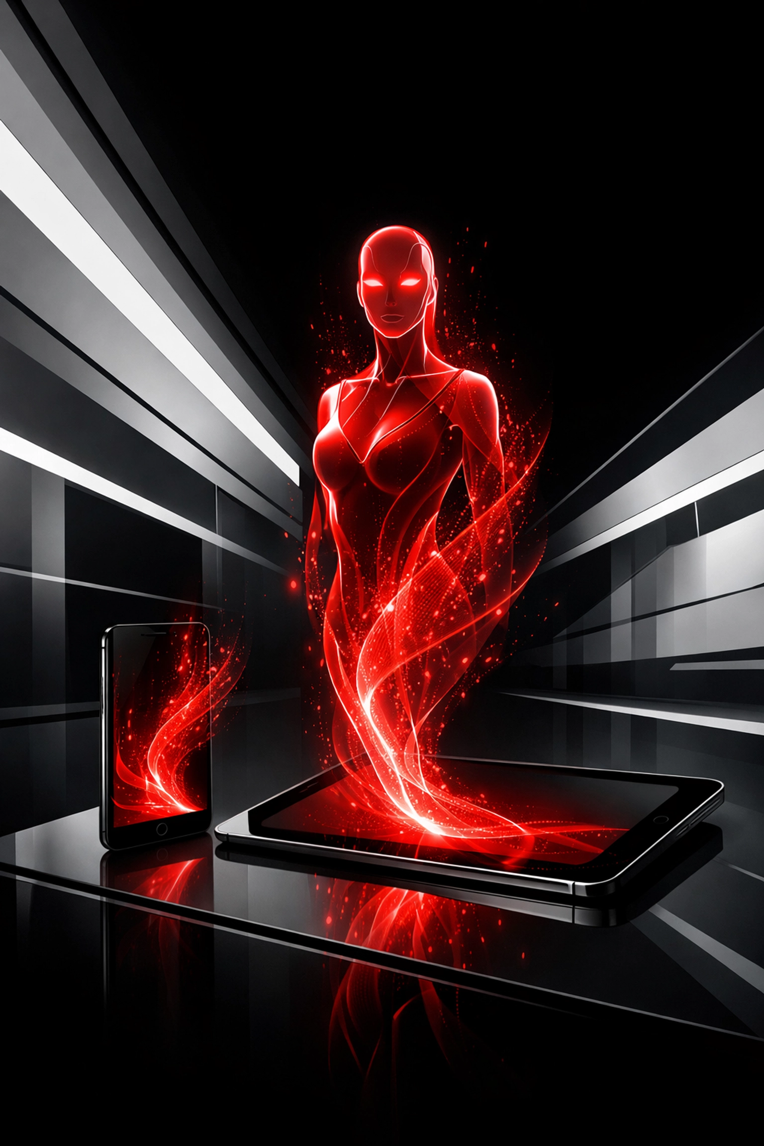 Digital AI Concierge silhouette emerging from a mobile device to automate dealership customer outreach.