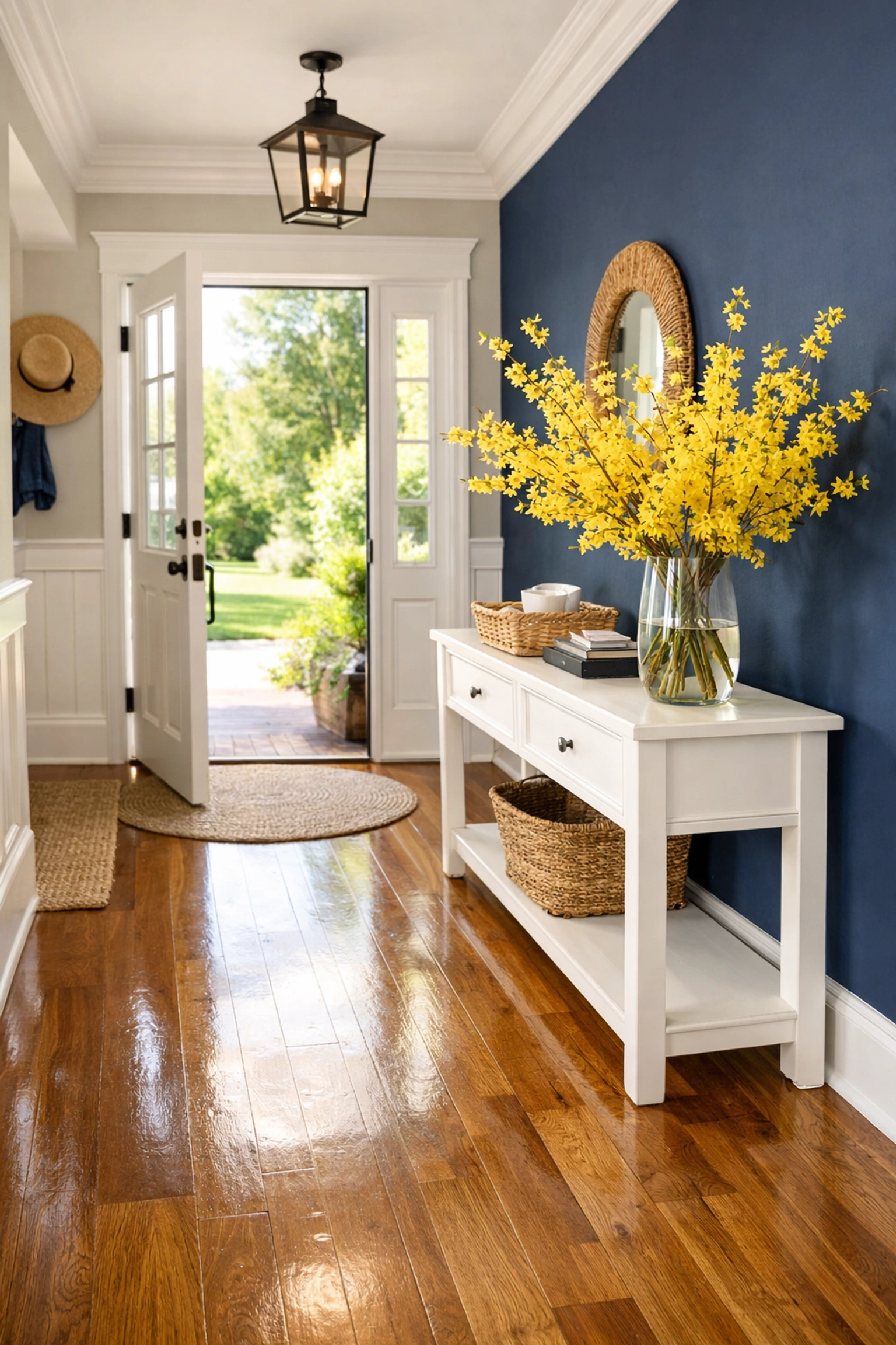 Bright, clean home entryway in Bedford with polished floors and minimalist decor.