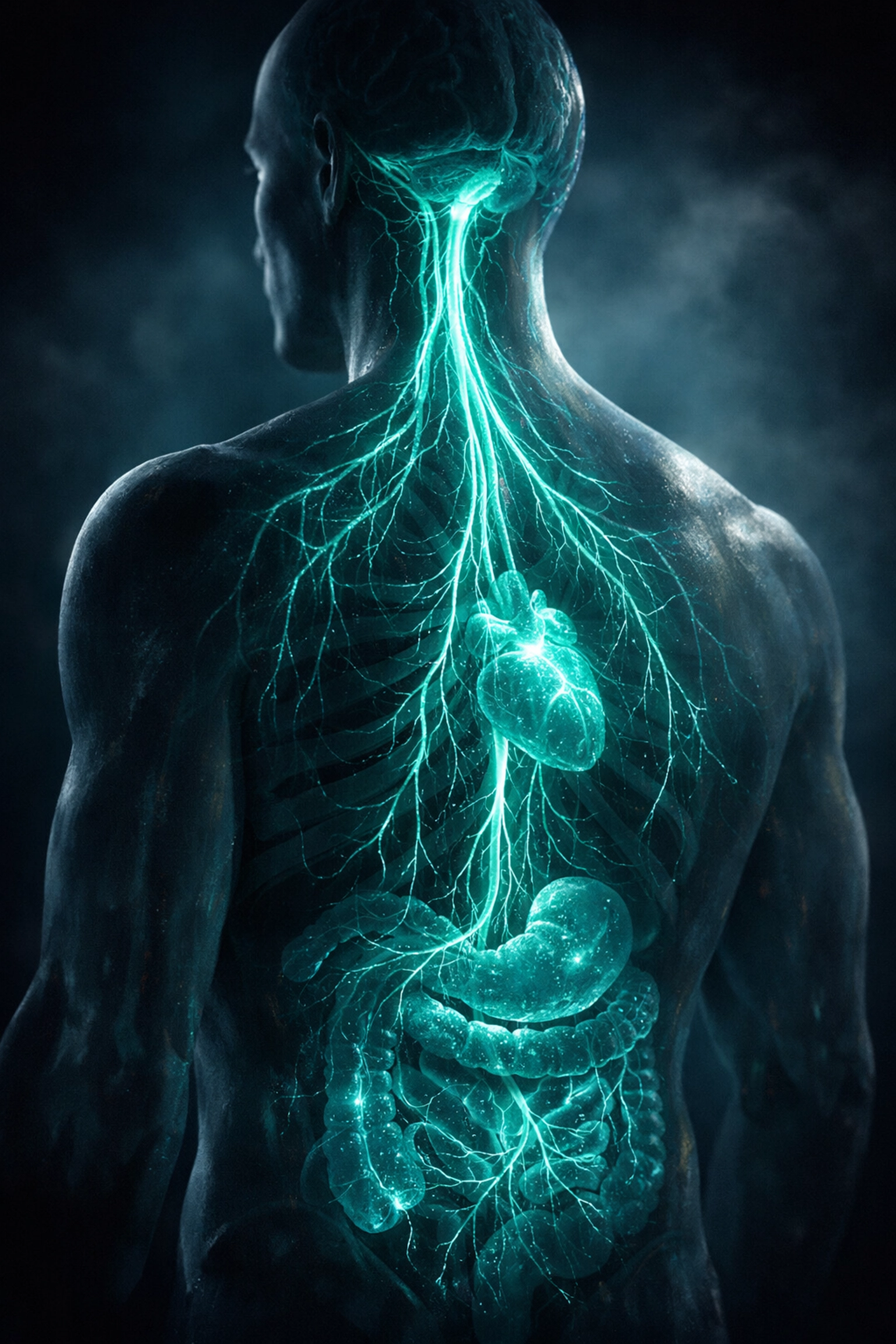 Visualization of the Vagus nerve anatomy connecting the brainstem to the heart and digestive system.