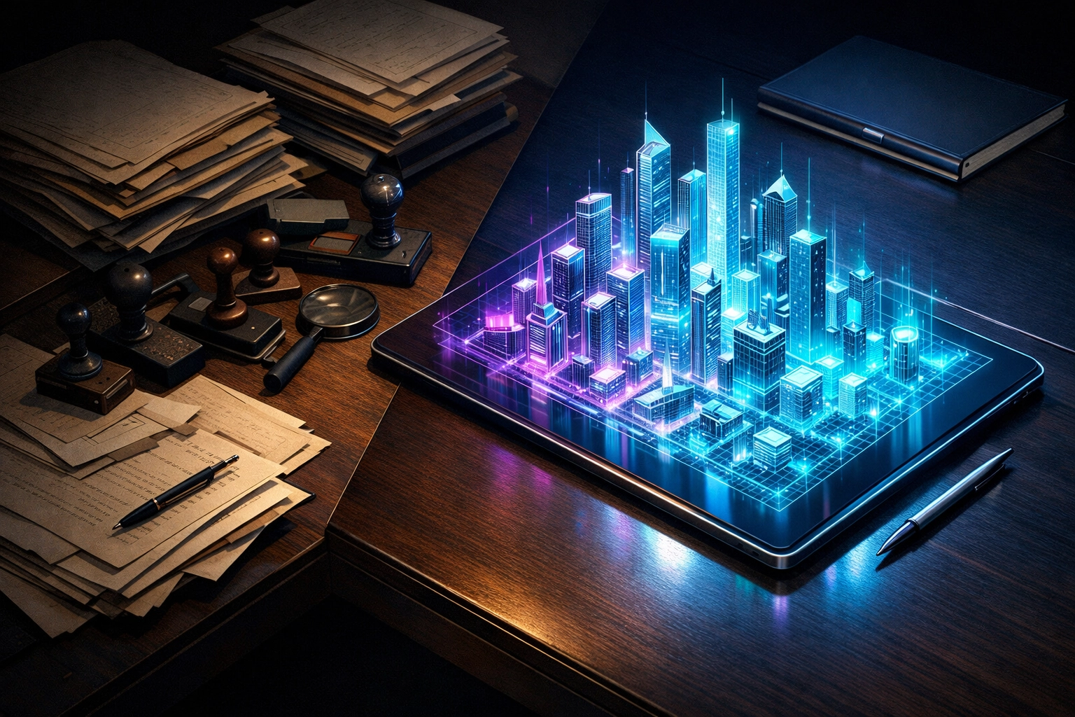 Digital tablet with a holographic strategy map next to messy papers, illustrating AI automation for small business.