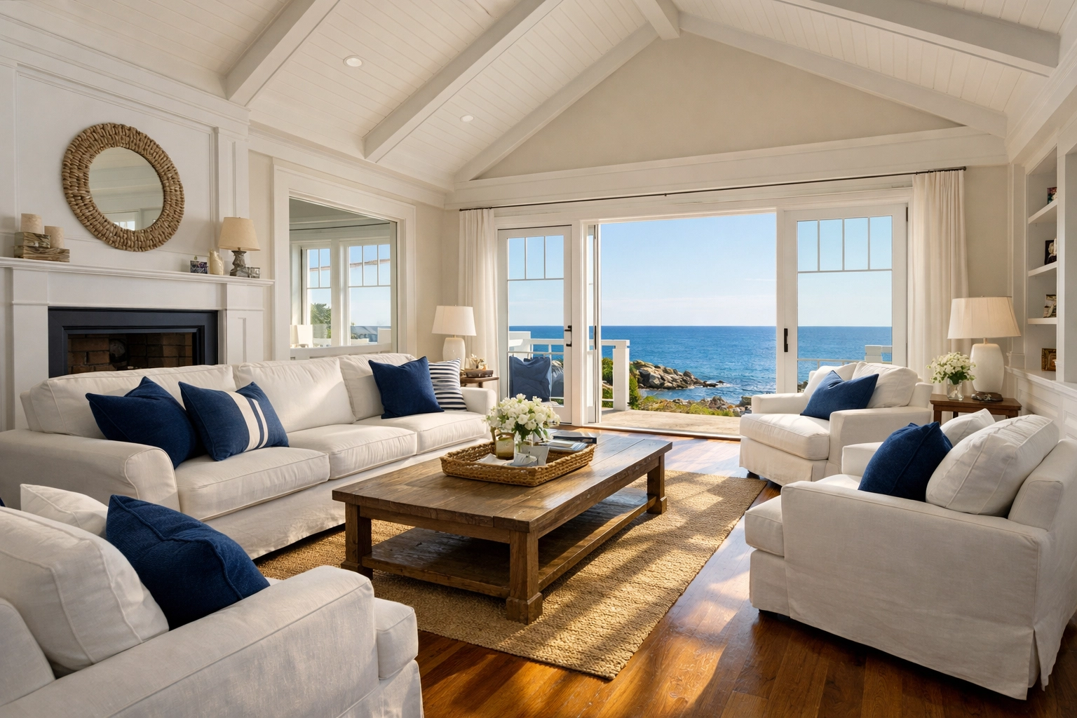 Sunlit luxury living room with ocean views and polished floors maintained by a Cohasset house cleaning service near me.